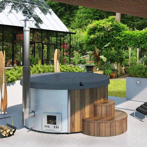 SaunaLife Soak-Series Model S4N wood-fired hot tub natural Thermo-Spruce exterior 79 inch diameter fully assembled outdoors