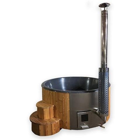 SaunaLife S4N outdoor wood-burning hot tub natural golden Thermo-Spruce surround with polished stainless steel chimney
