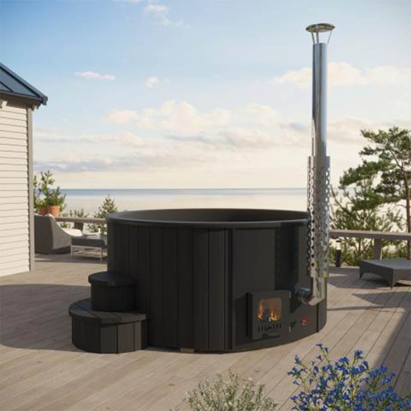 SaunaLife Soak-Series Model S4 | Wood-Fired Hot Tub | No Electricity Required | 304 Gallons | Heats in Under 2 Hours | 304 Stainless Steel Stove | Black Thermo-Spruce | Fully Assembled | Up to 6 Bathers