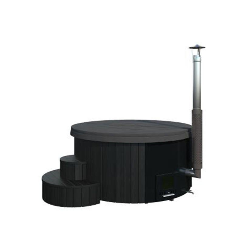 SaunaLife Soak-Series Model S4 wood-fired hot tub black Thermo-Spruce exterior 79 inch diameter fully assembled outdoors