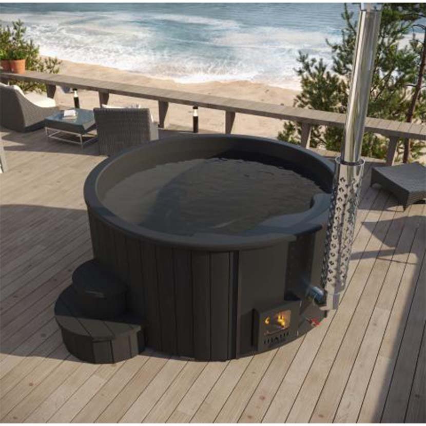 SaunaLife S4 outdoor wood-burning hot tub black Thermo-Spruce surround with polished stainless steel chimney and chimney cap
