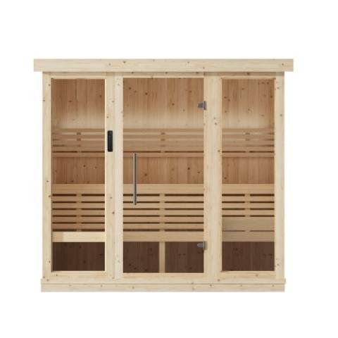 SaunaLife Xperience-Series Model X7 | 6-Person Indoor Home Sauna Kit | 1.5" Nordic Spruce Walls | Grade-A Knotless Aspen Dual-Tier Benches | Full Glass Front | IP67 Wi-Fi LED | Reversible Door | Lifetime Warranty