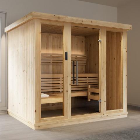 SaunaLife X7 indoor sauna IP67 dotless white LED lighting in roof eave perimeter channels Wi-Fi app controlled