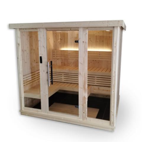 SaunaLife X7 indoor traditional sauna 88 inch wide Nordic Spruce pre-assembled wall panels and reversible glass door