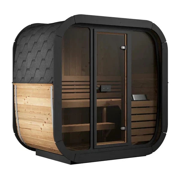 SaunaLife CL5G outdoor sauna 80.7 inch wide Thermo-Spruce walls black painted front trim and shingle roof kit