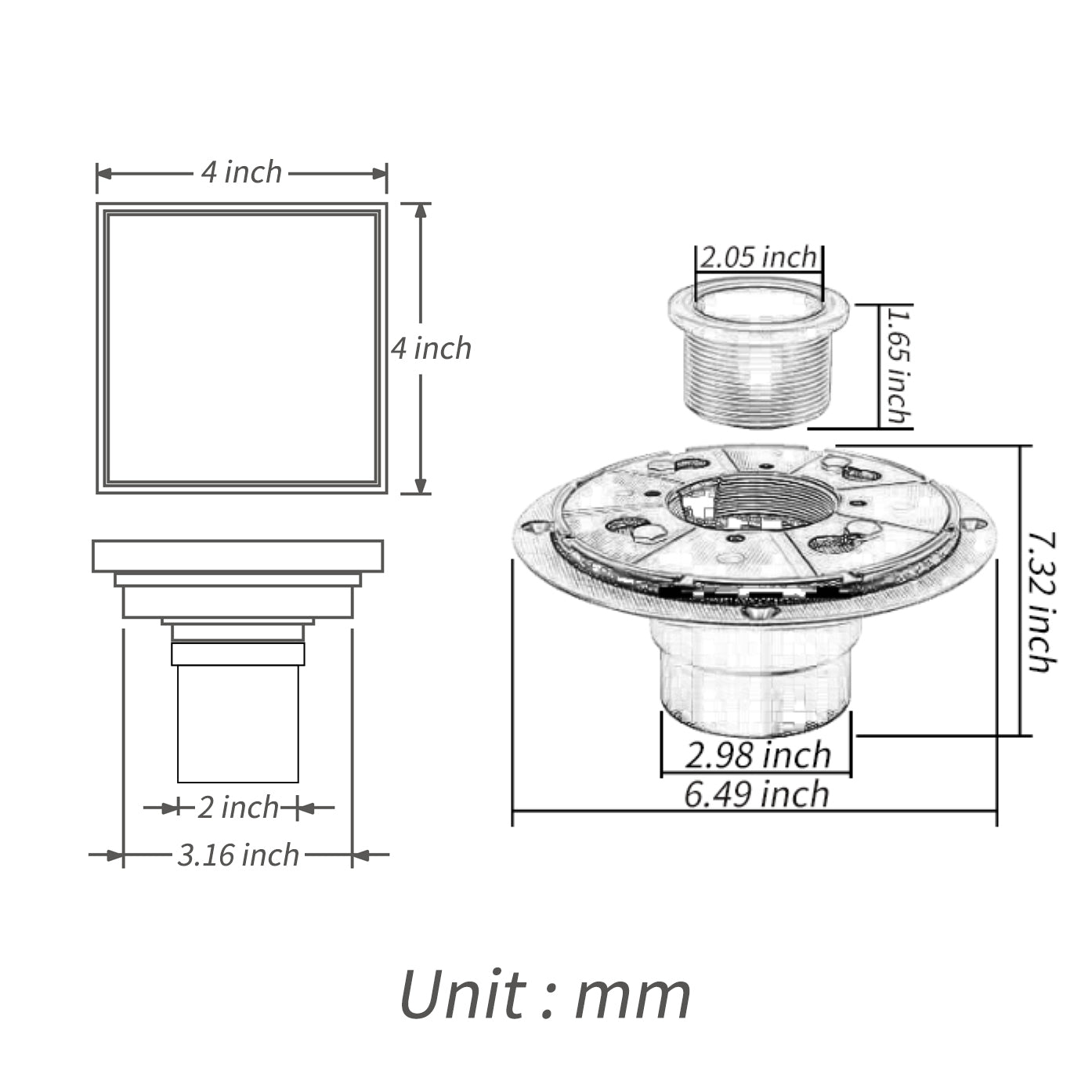 Rose Gold brass floor drain 4x4inch