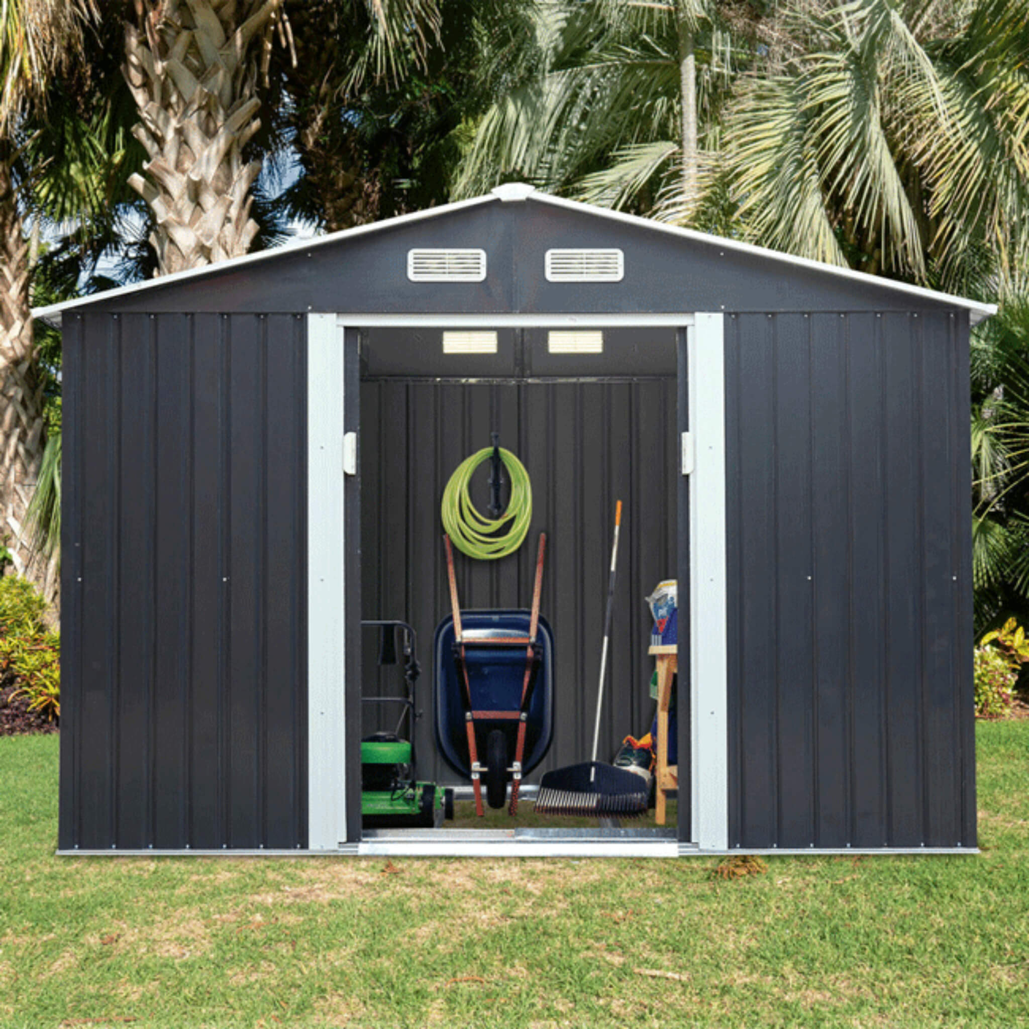 [04X07FT] Alora Small Outdoor Garden Backyard Storage Tool Shed W/ Sliding Door (SAK59938)