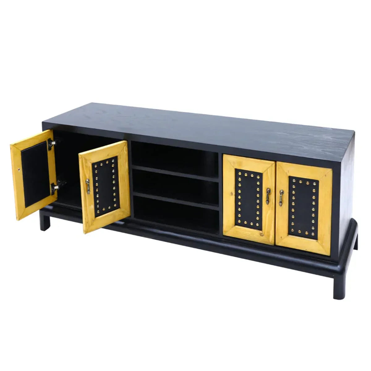 Bernard Series 2 Vintage Sheesham Wood TV Console – Low Height, 62-Inch with Leather Shutter Accents