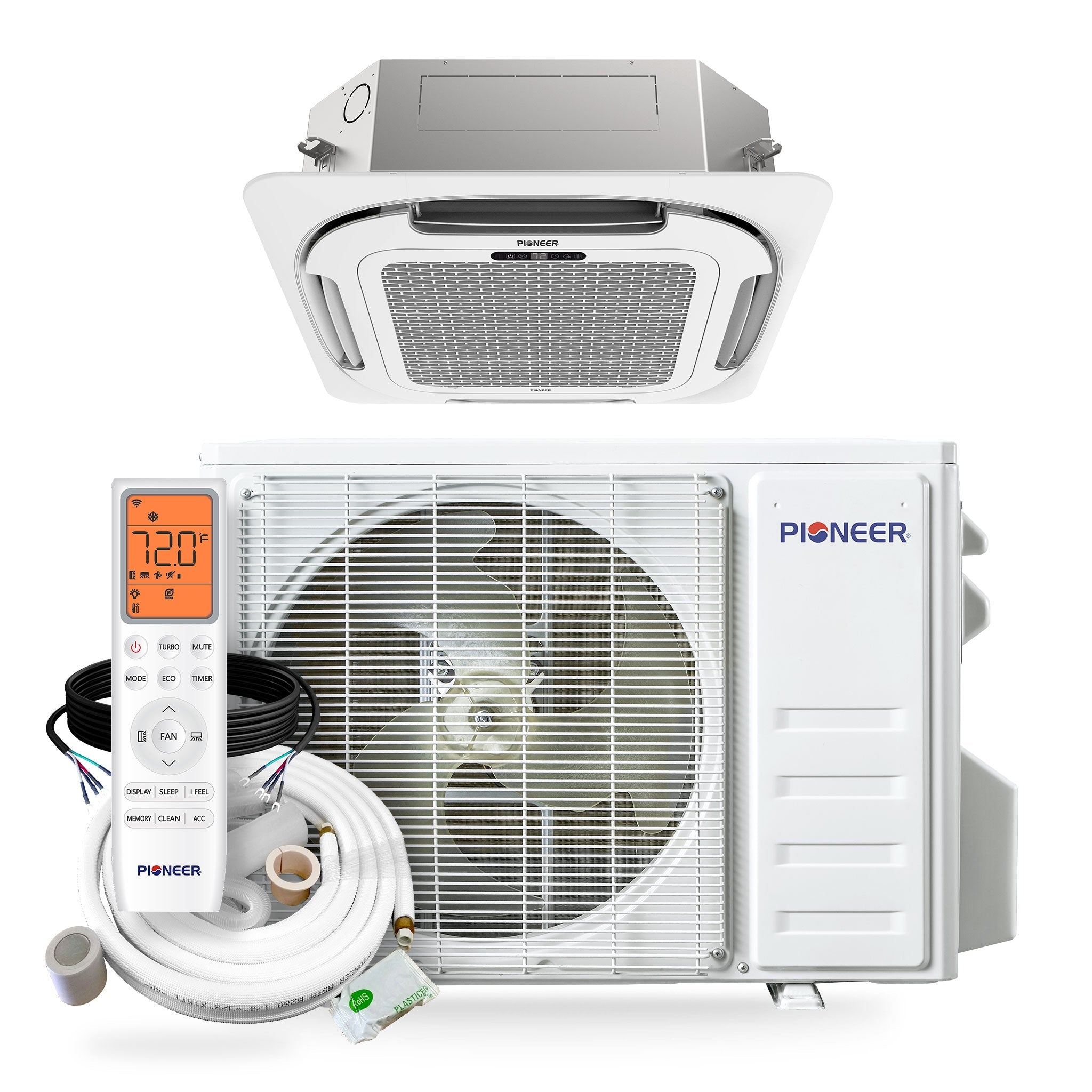 Pioneer® Quantum Ultra™ 9,500 BTU 23 SEER2 230V 8-Way Ceiling Cassette Ductless Mini-Split Air Conditioner Inverter Heat Pump Full Set