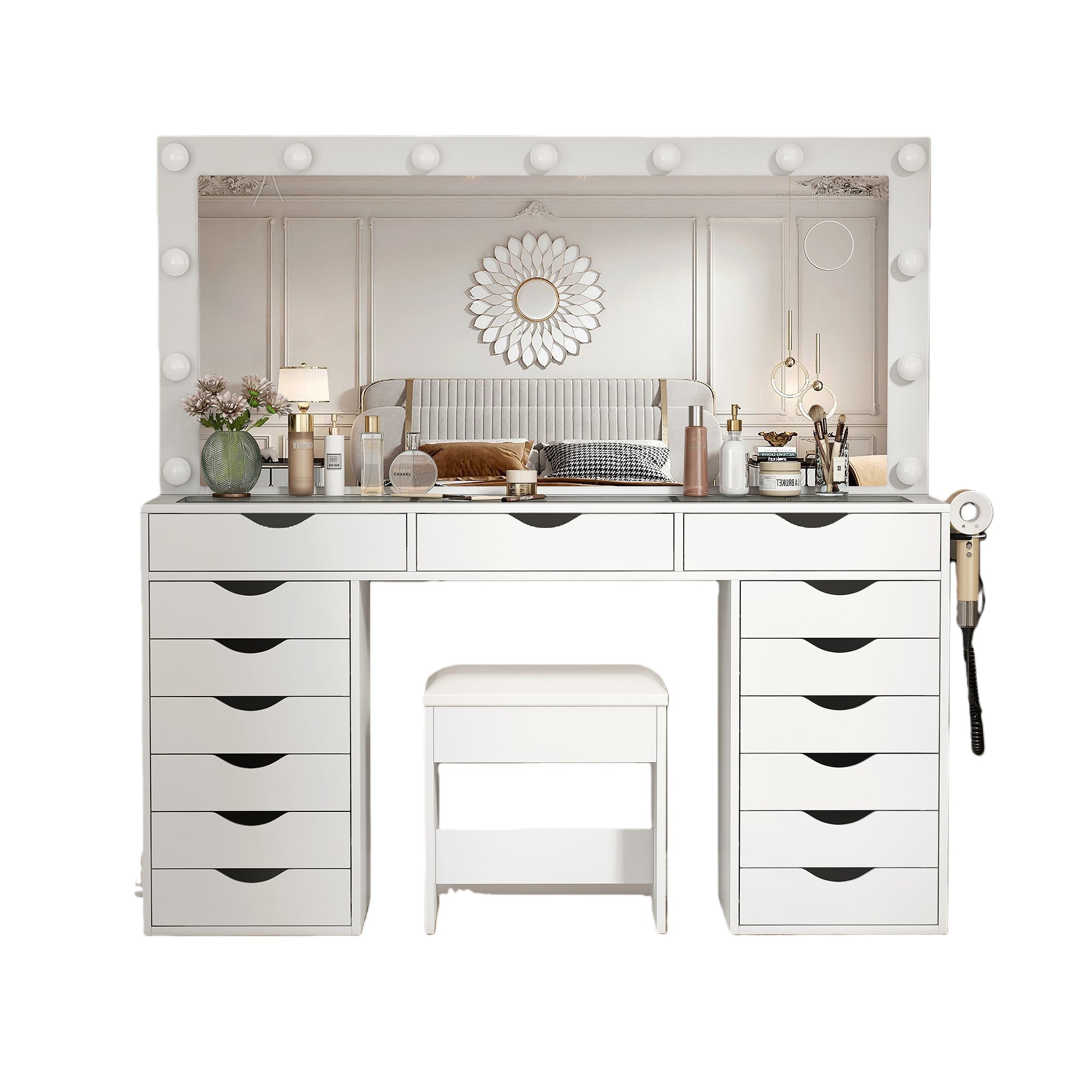 Vektaya US-VD008 Bedroom Makeup Vanity desk with LED Mirro, 15 Drawers