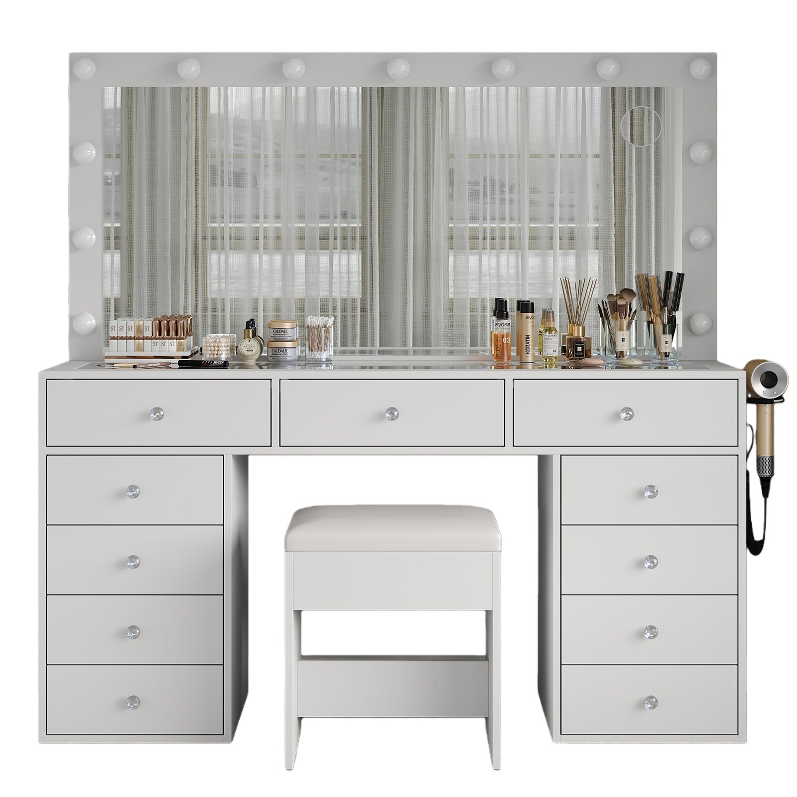 Vektaya US-VD015 Bedroom Makeup Vanity desk with LED Mirror, 11 Drawers