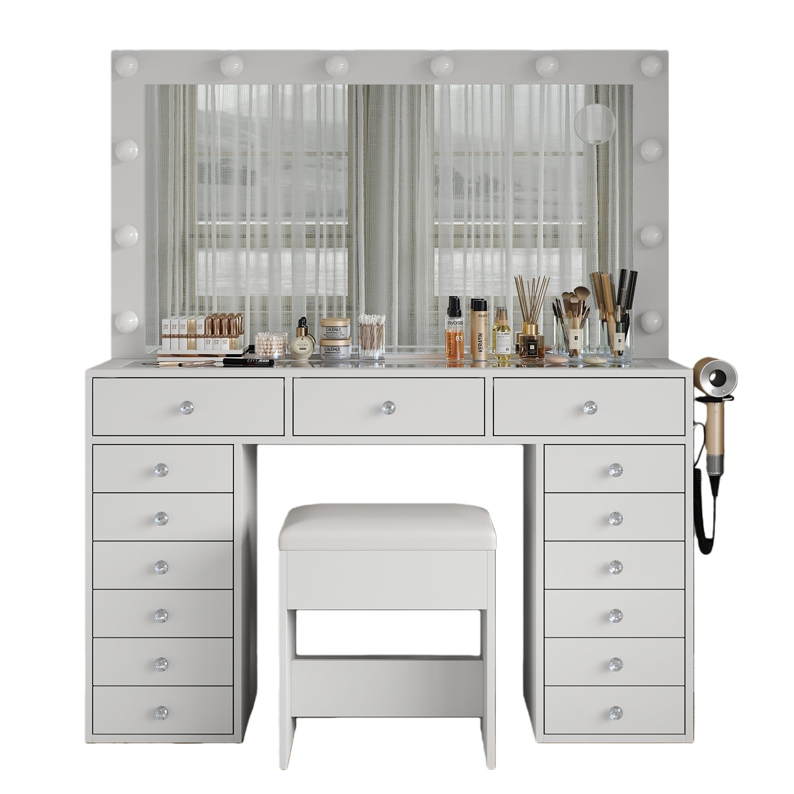Vektaya US-VD019 Bedroom Makeup Vanity desk with LED Mirror, 15 Drawers
