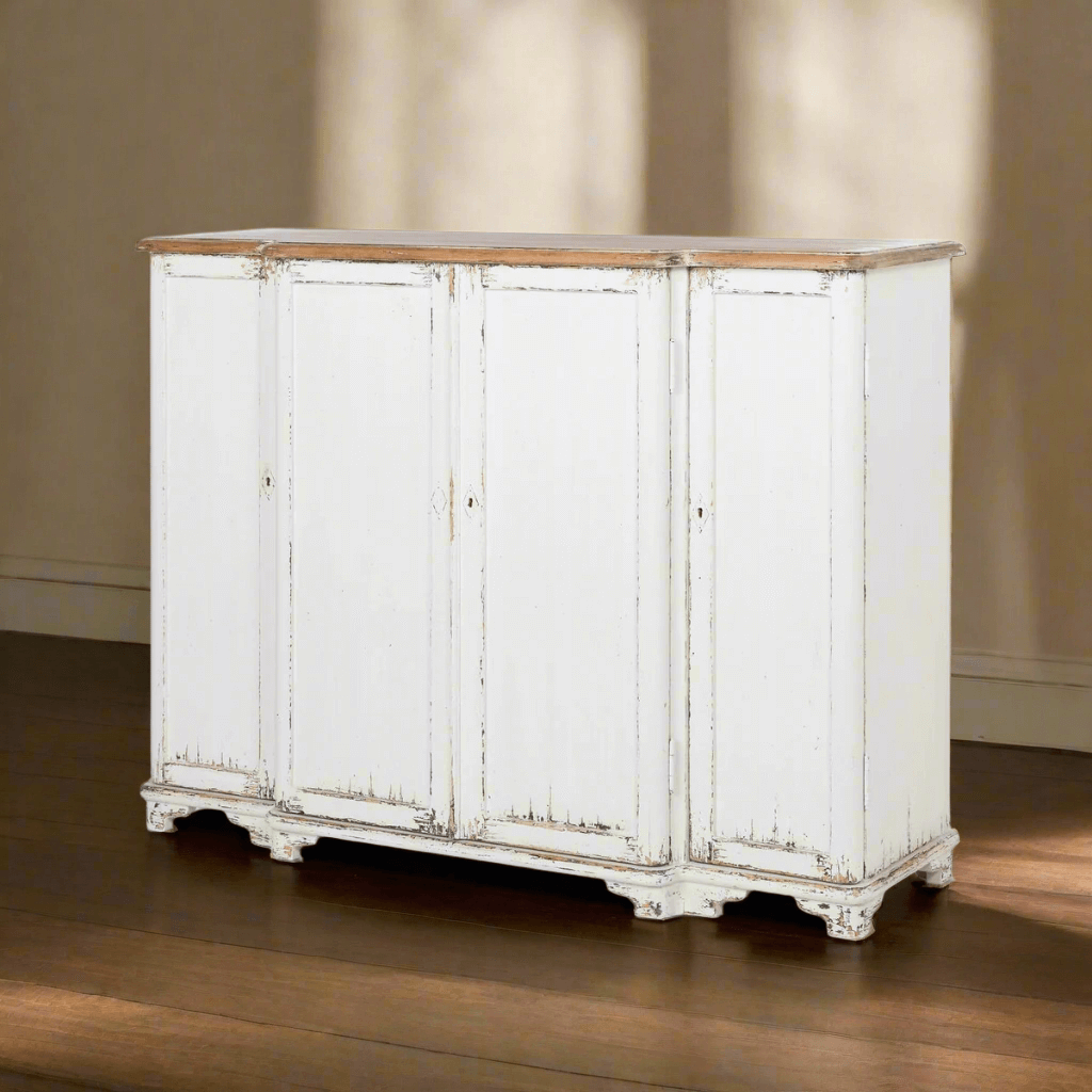 Vintage White Painted Entryway Cabinet with Distressed Wood Top