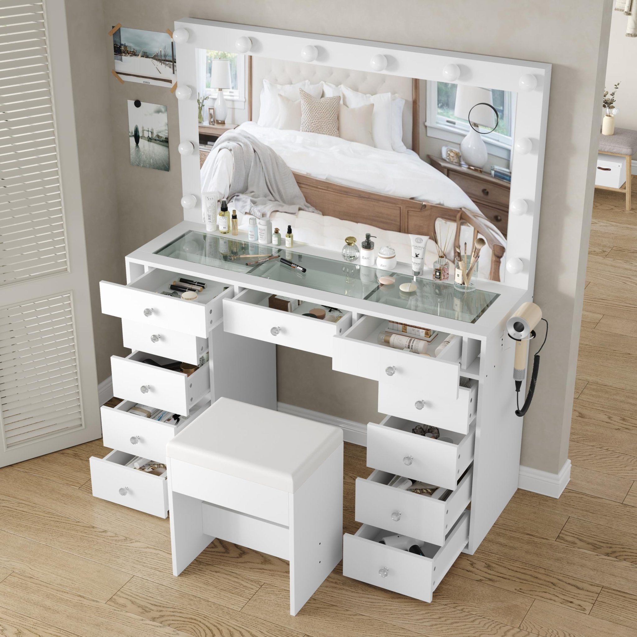 Vektaya US-VD003 Bedroom Makeup Vanity desk with LED Mirror, 11 Drawers