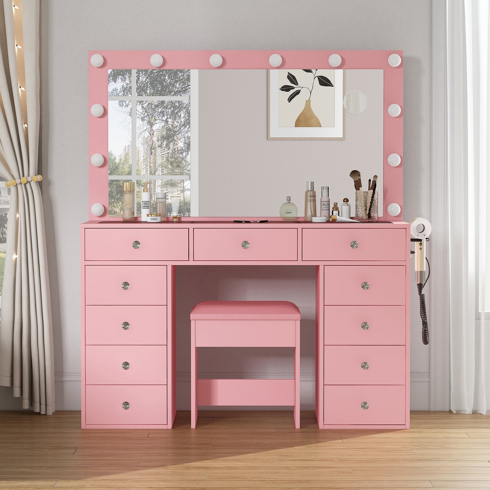 Vektaya US-VD003 Bedroom Makeup Vanity desk with LED Mirror, 11 Drawers