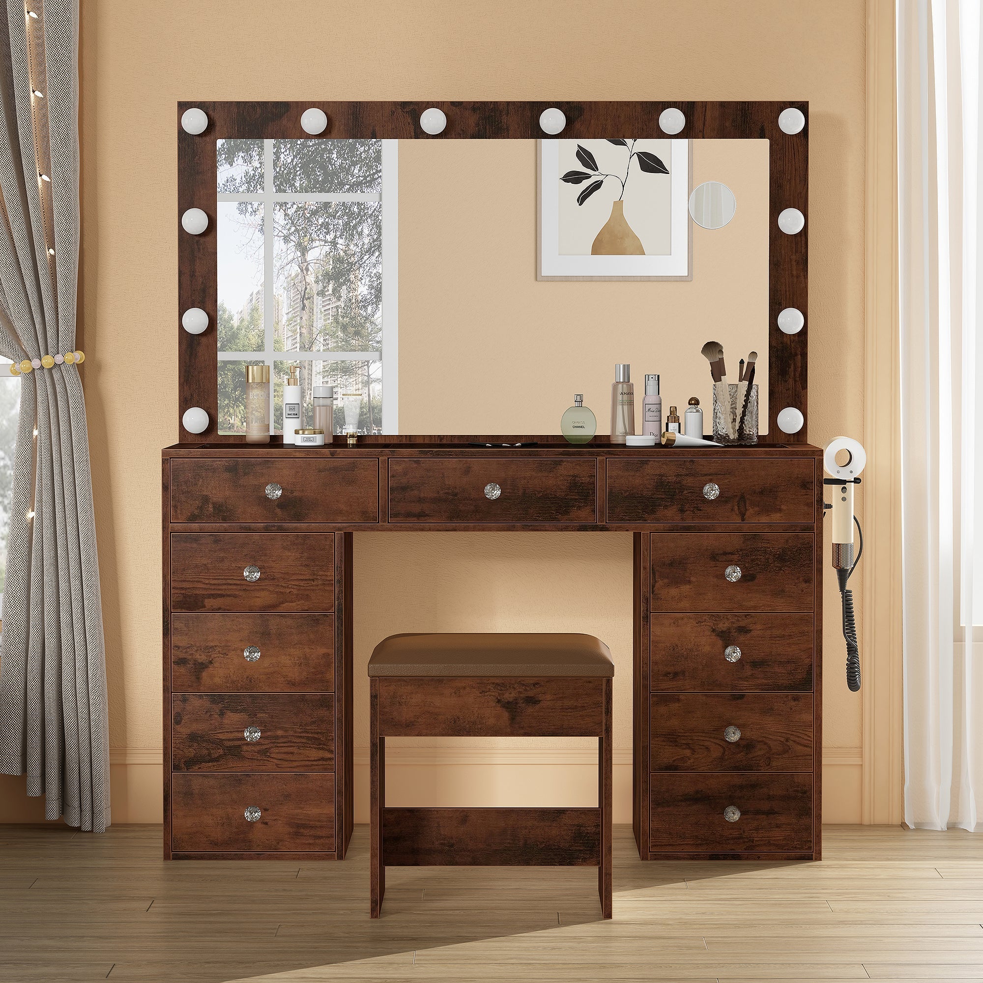 Vektaya US-VD003 Bedroom Makeup Vanity desk with LED Mirror, 11 Drawers