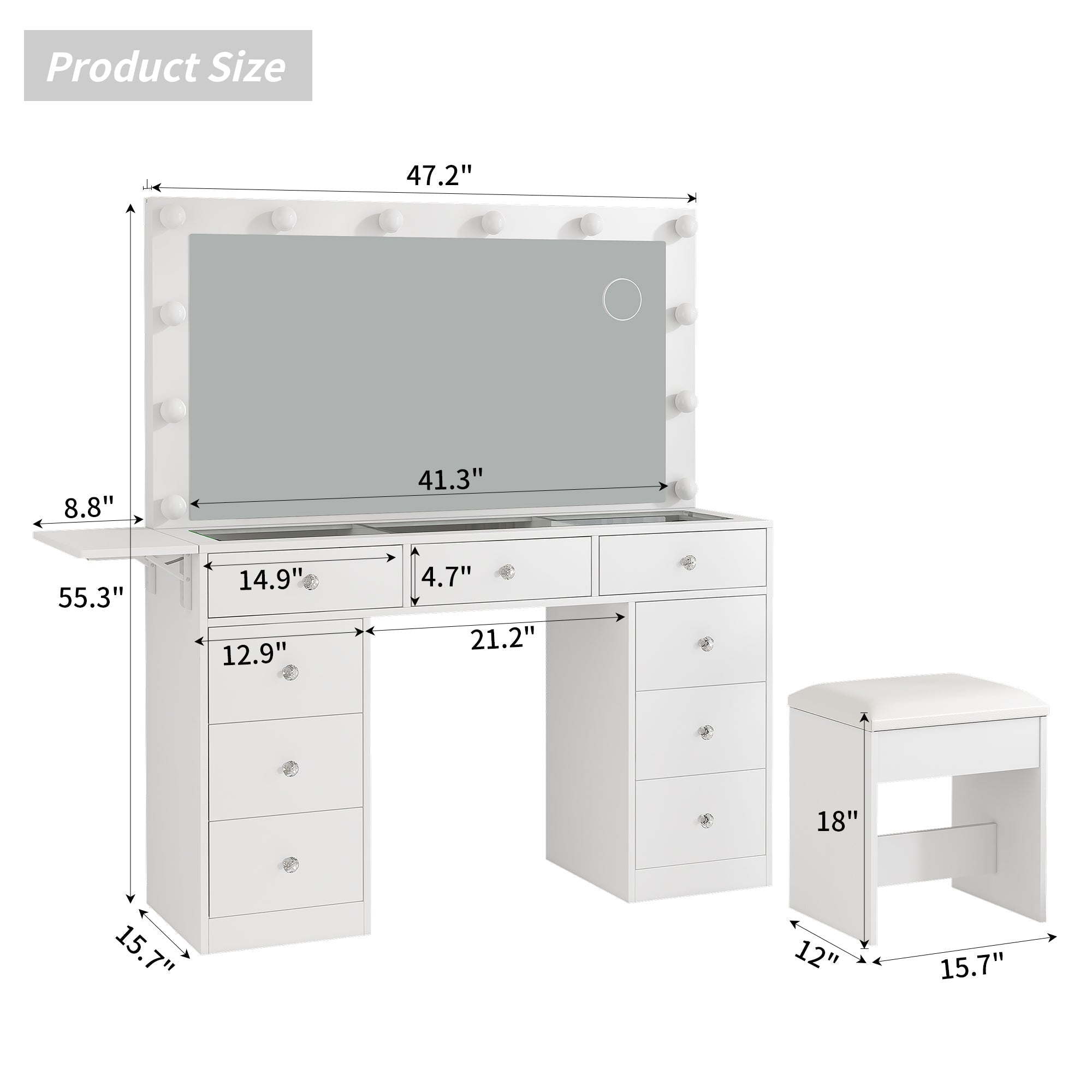 Vektaya US-VD007 Bedroom Makeup Vanity desk with LED Mirror, 9 Drawers