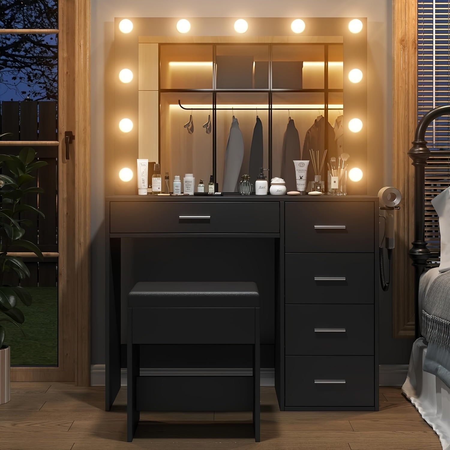 Vektaya US-VD001 Bedroom Makeup Vanity desk with LED Mirror, 5 Drawers