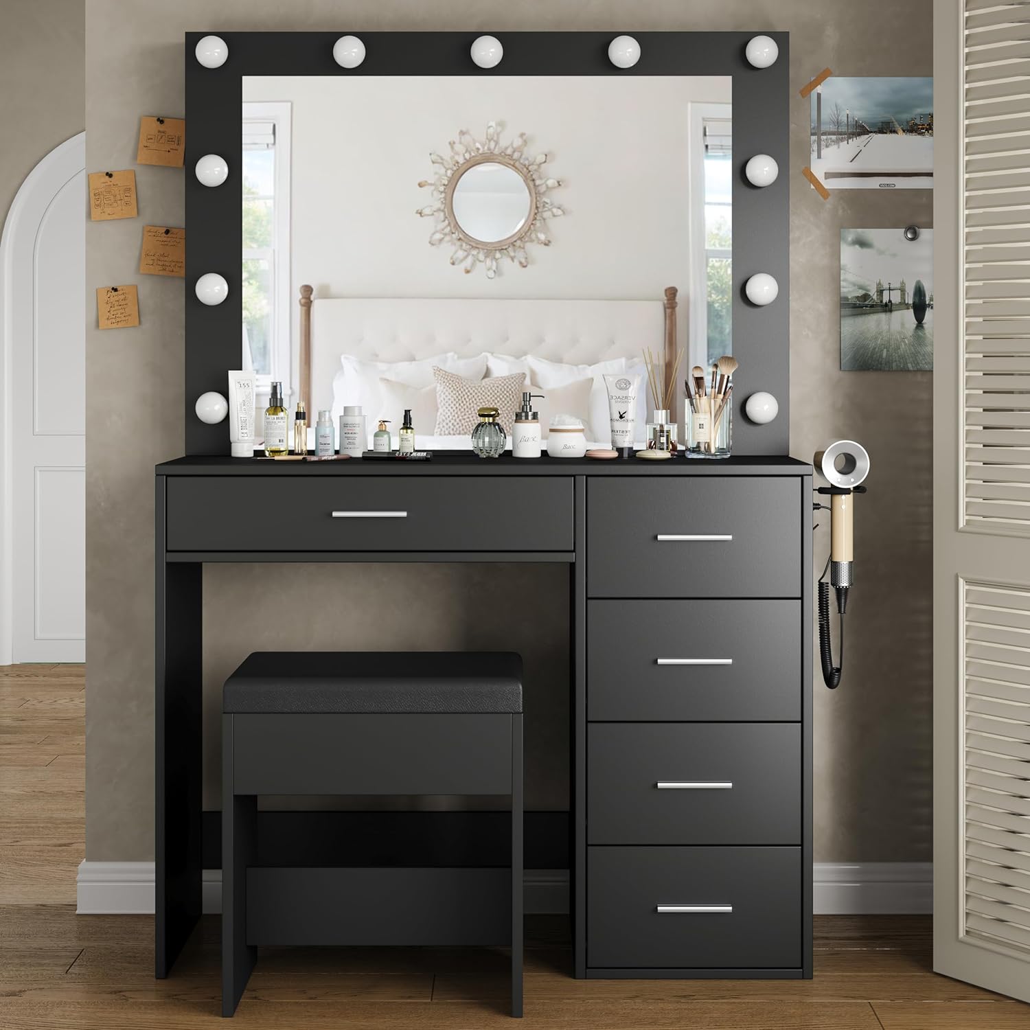Vektaya US-VD001 Bedroom Makeup Vanity desk with LED Mirror, 5 Drawers