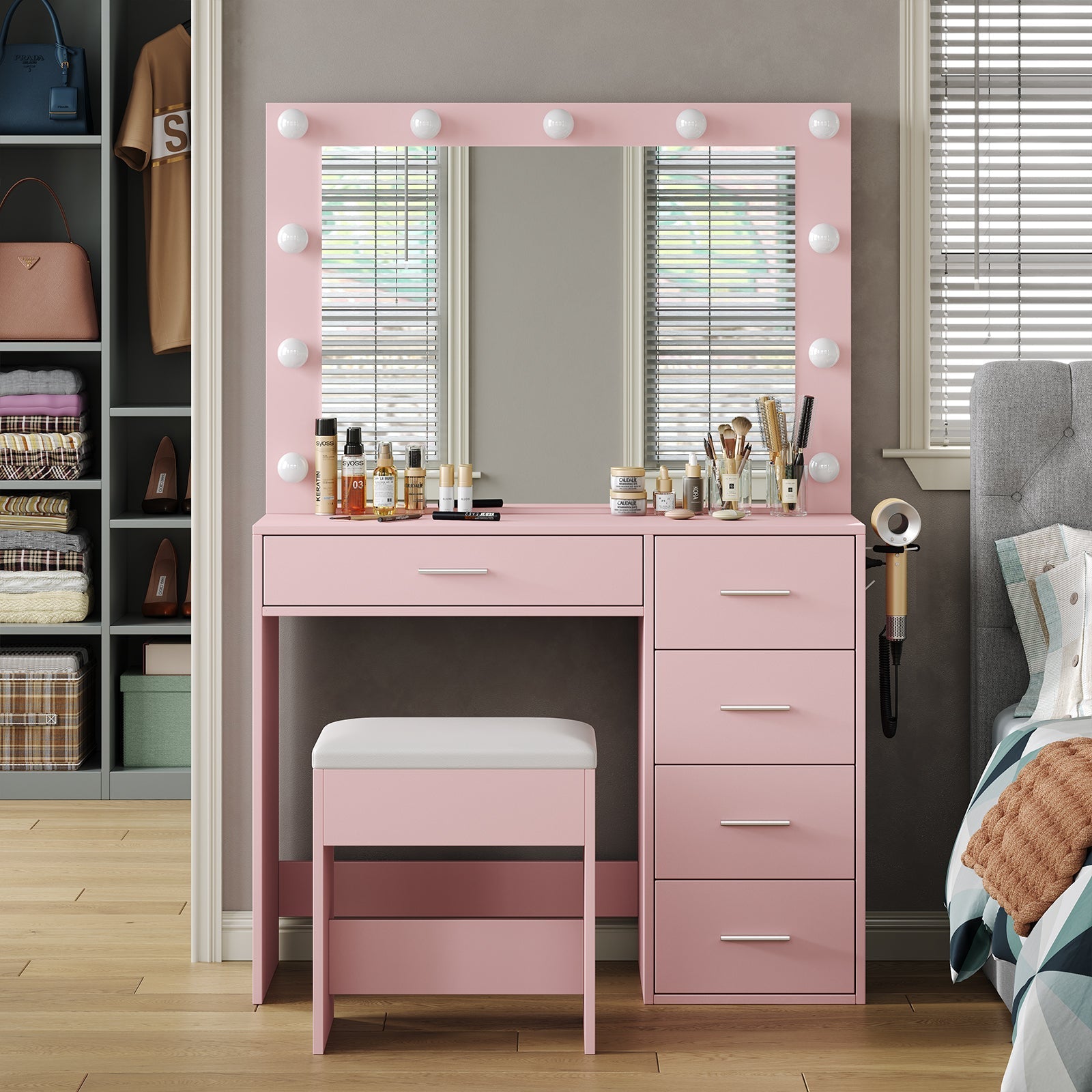 Vektaya US-VD001 Bedroom Makeup Vanity desk with LED Mirror, 5 Drawers