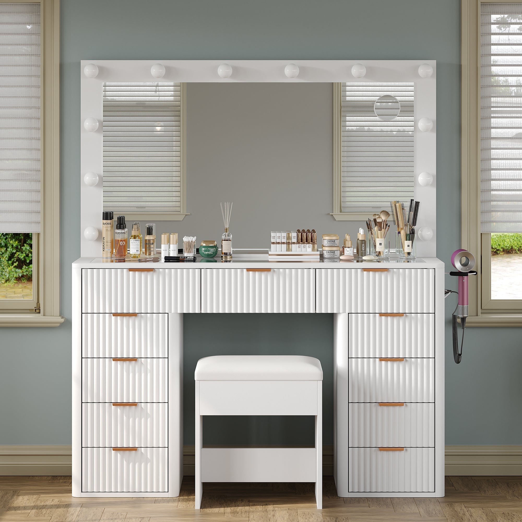Vektaya US-VD003 Bedroom Makeup Vanity desk with LED Mirror, 11 Drawers
