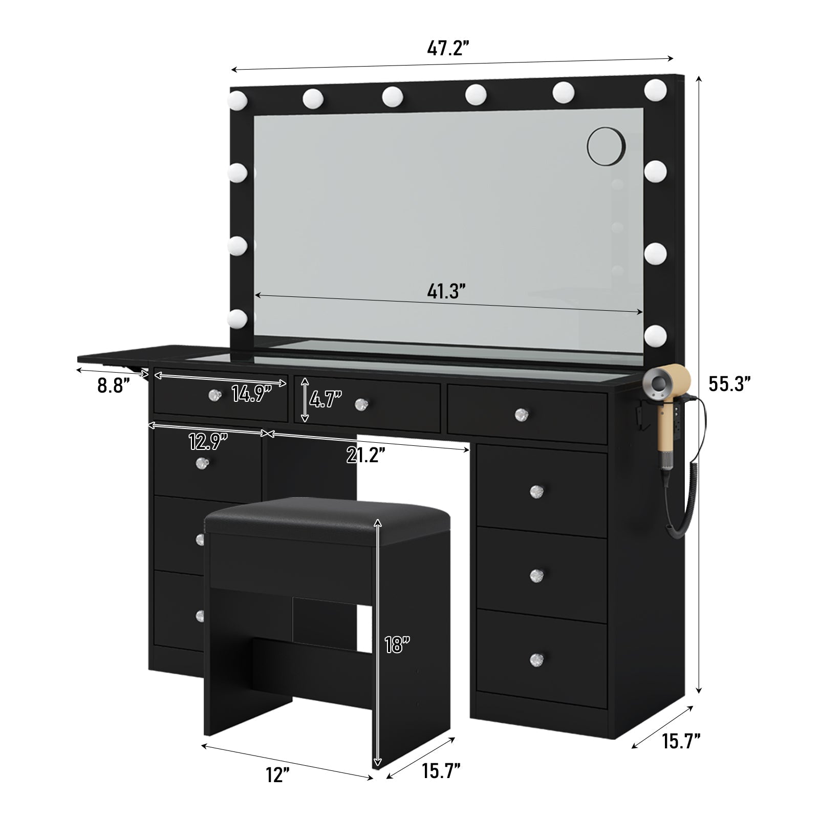 Vektaya US-VD007 Bedroom Makeup Vanity desk with LED Mirror, 9 Drawers