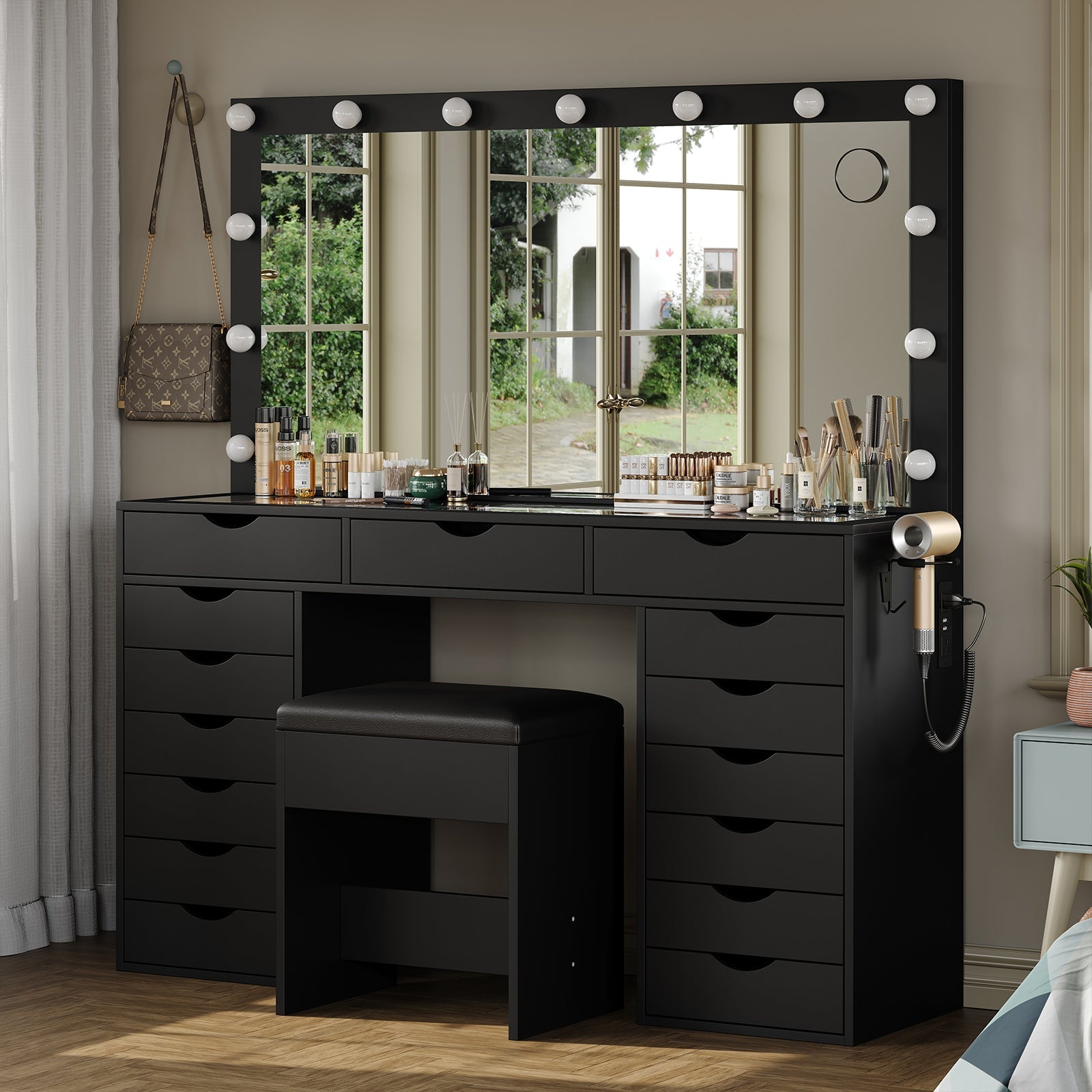 Vektaya US-VD008 Bedroom Makeup Vanity desk with LED Mirro, 15 Drawers