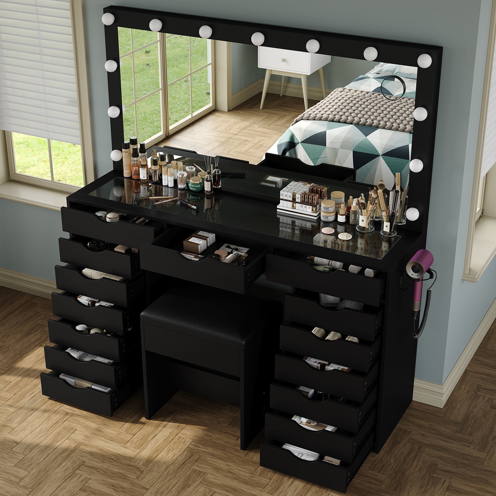 Vektaya US-VD008 Bedroom Makeup Vanity desk with LED Mirro, 15 Drawers