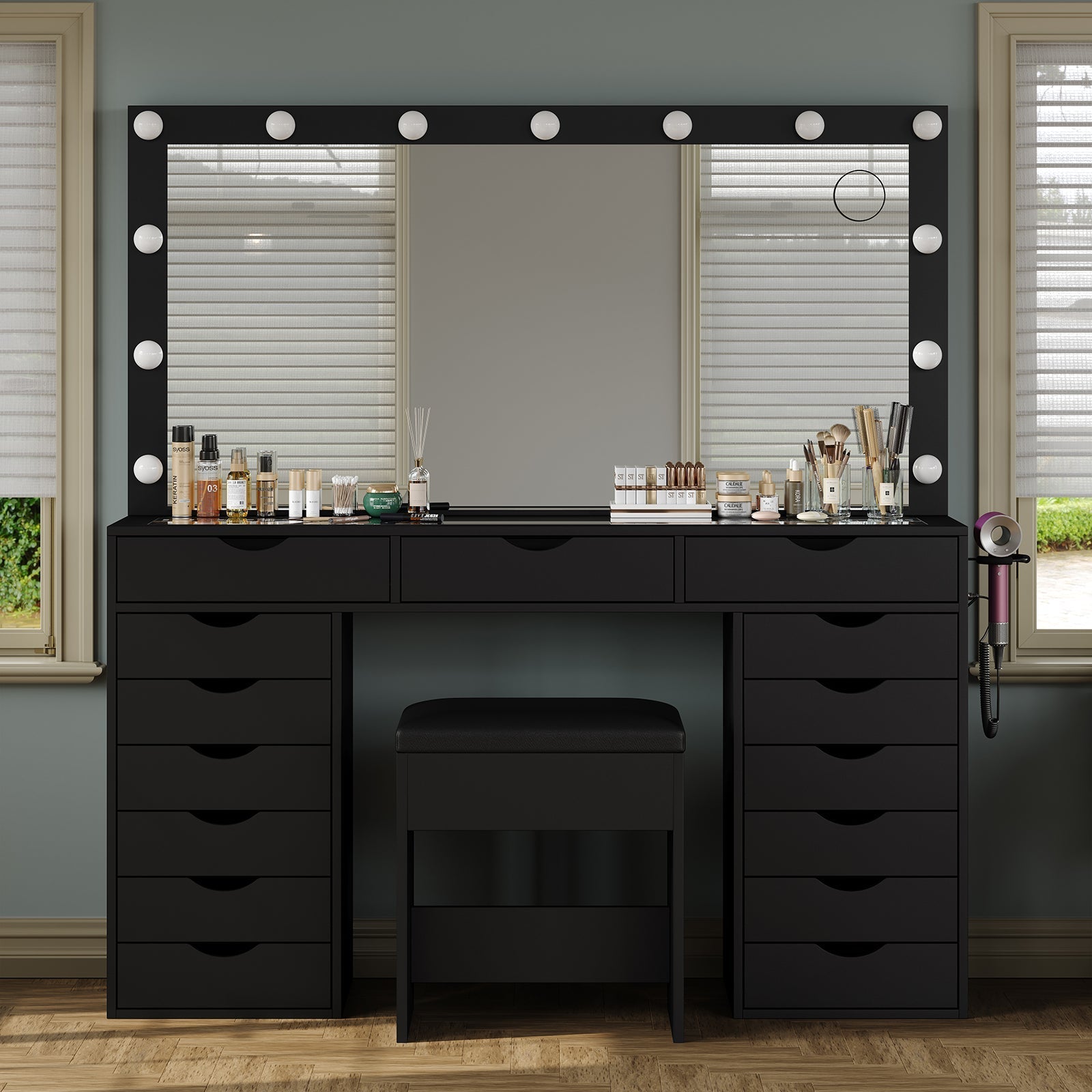 Vektaya US-VD008 Bedroom Makeup Vanity desk with LED Mirro, 15 Drawers