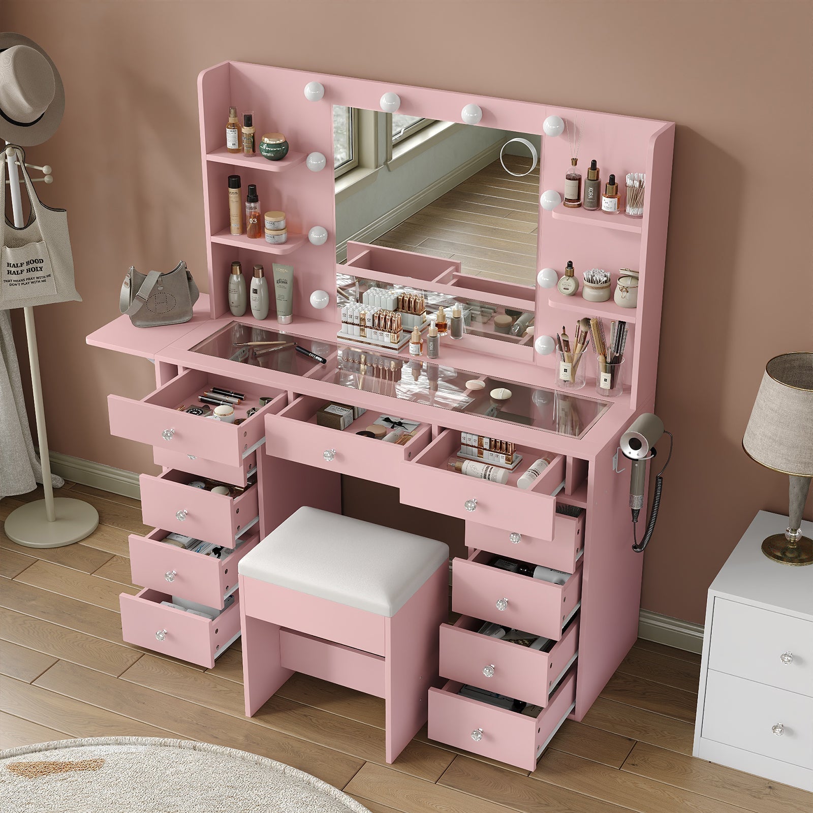 Vektaya US-VD010 Bedroom Makeup Vanity desk with LED MirrorLED Mirror, 11 Drawers