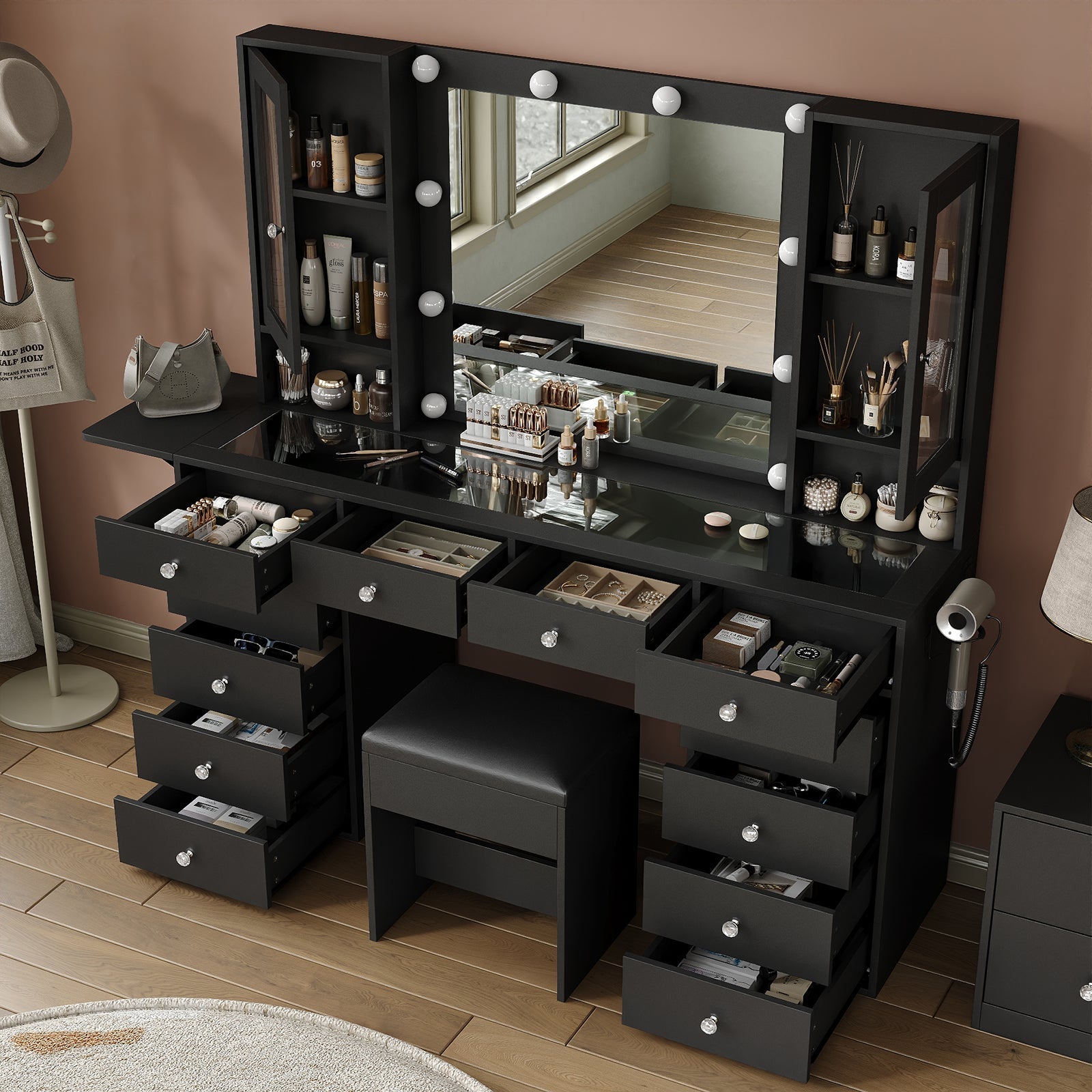 Vektaya US-VD012 Bedroom Makeup Vanity desk with LED Mirror, 12 Drawers
