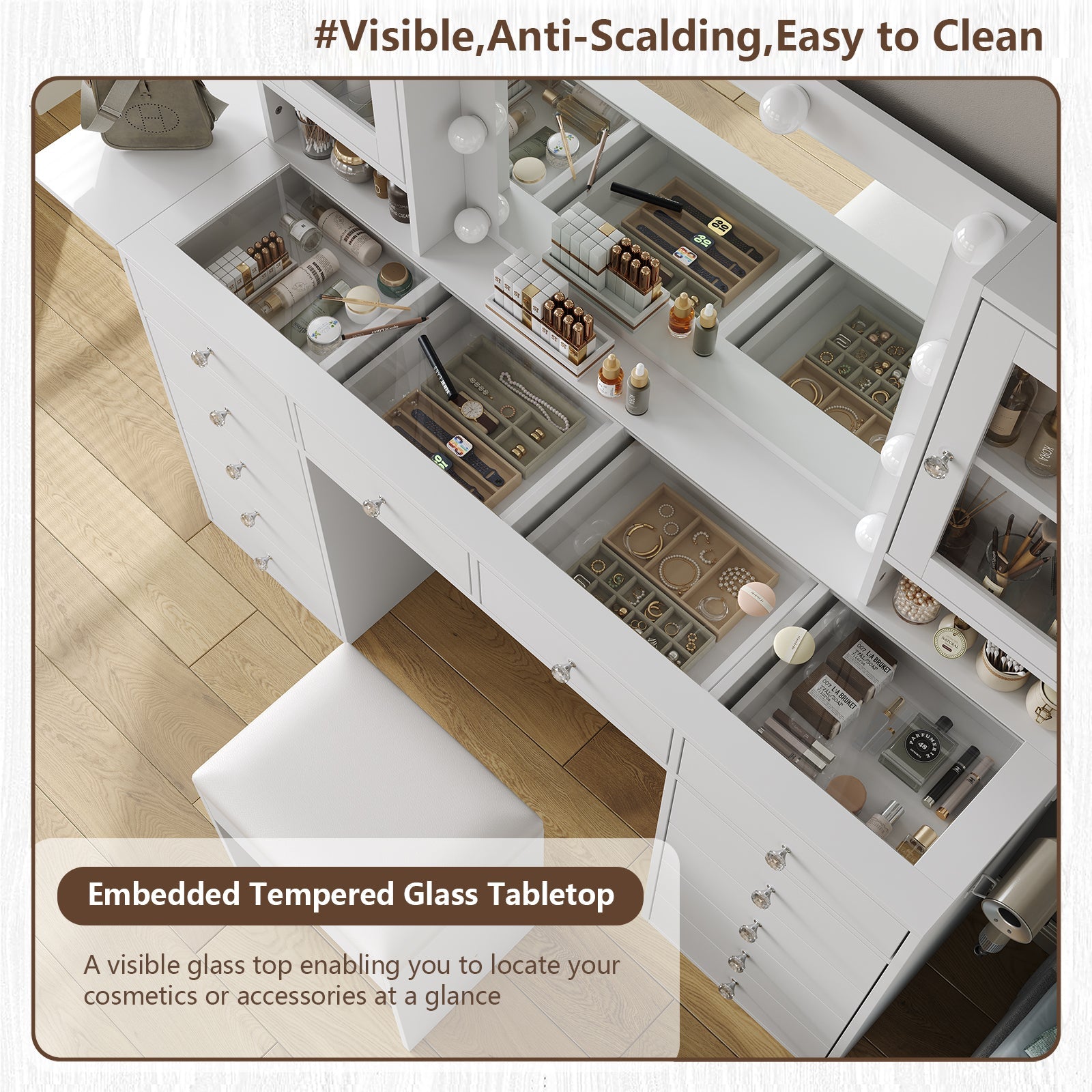 Vektaya US-VD012 Bedroom Makeup Vanity desk with LED Mirror, 12 Drawers