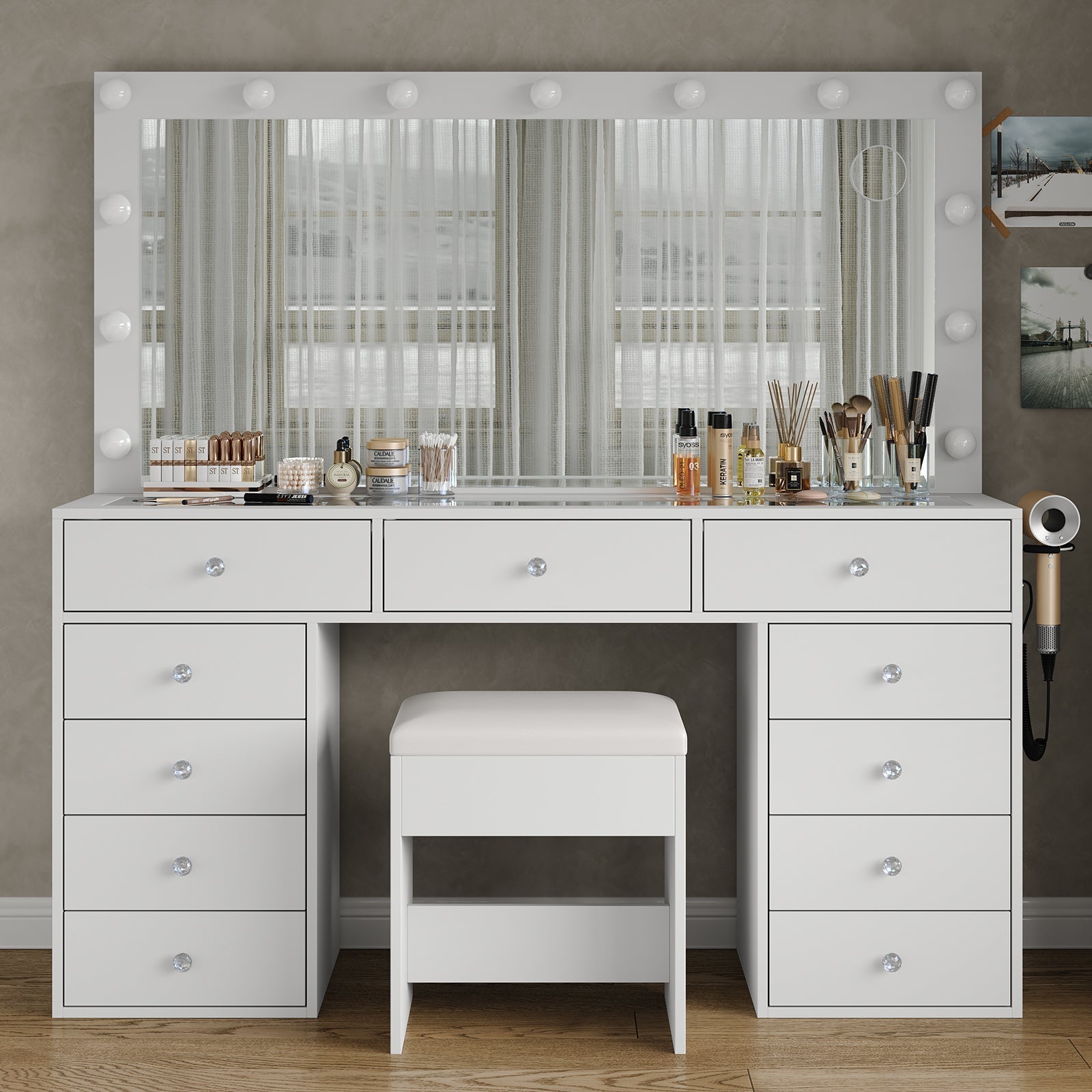 Vektaya US-VD015 Bedroom Makeup Vanity desk with LED Mirror, 11 Drawers