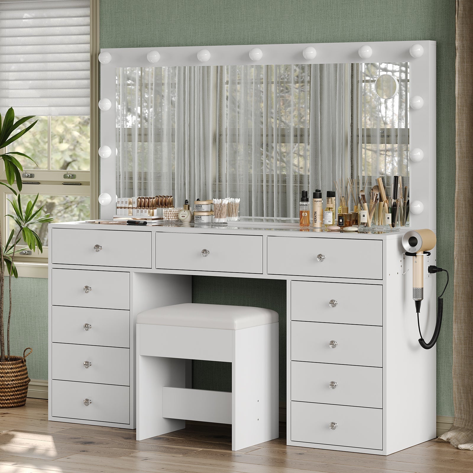 Vektaya US-VD015 Bedroom Makeup Vanity desk with LED Mirror, 11 Drawers