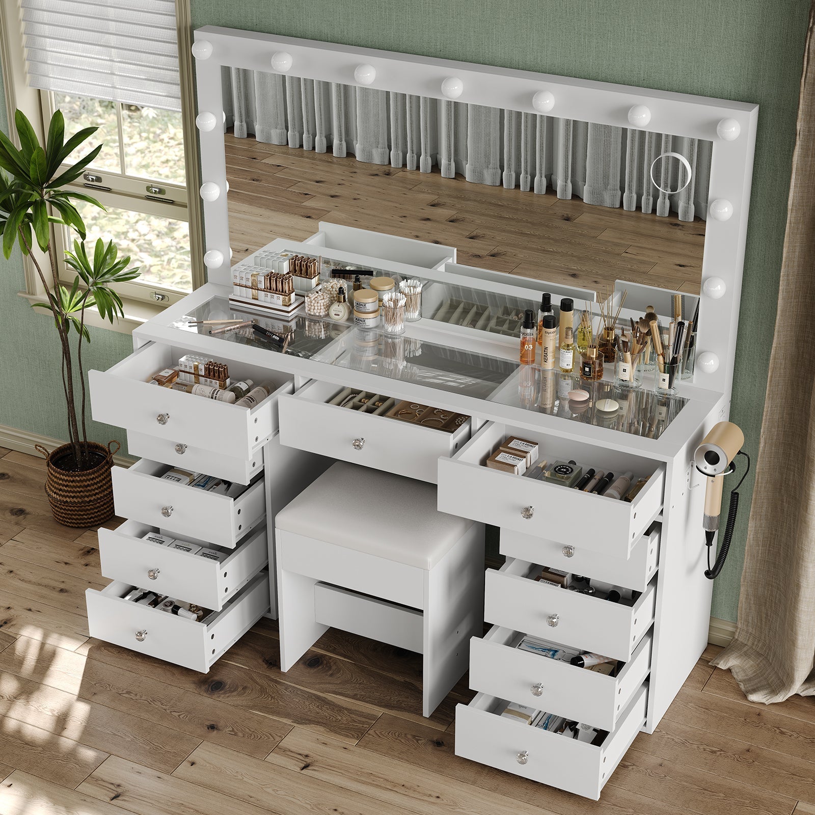 Vektaya US-VD015 Bedroom Makeup Vanity desk with LED Mirror, 11 Drawers
