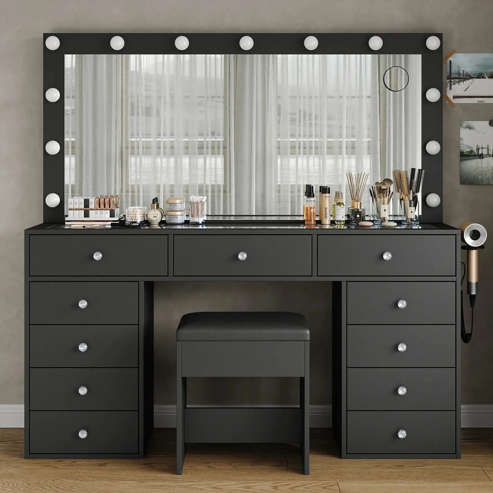 Vektaya US-VD015 Bedroom Makeup Vanity desk with LED Mirror, 11 Drawers
