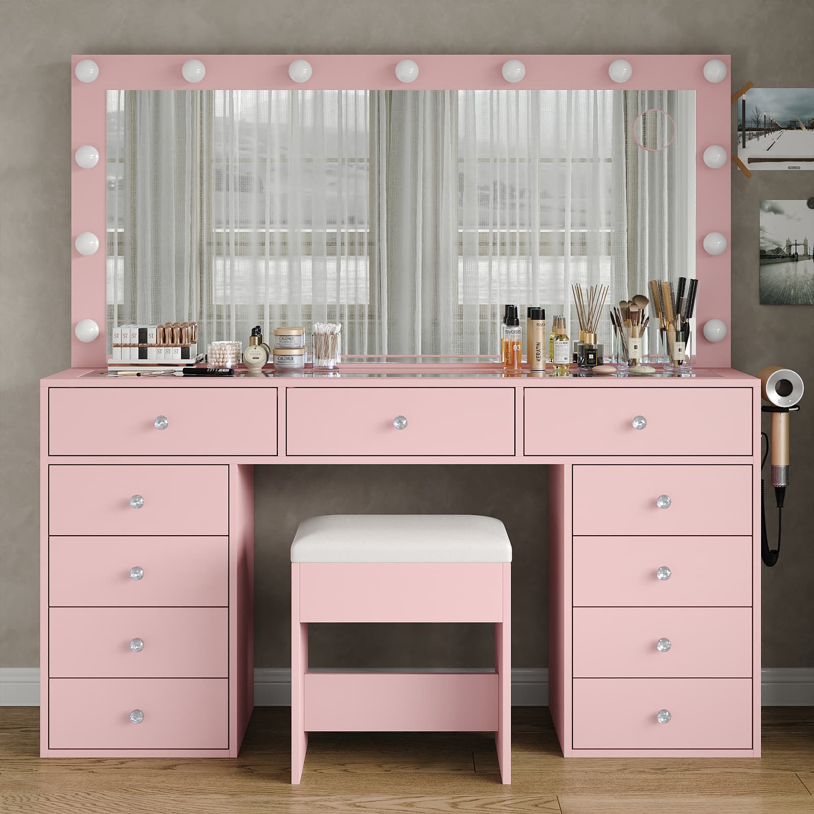 Vektaya US-VD015 Bedroom Makeup Vanity desk with LED Mirror, 11 Drawers