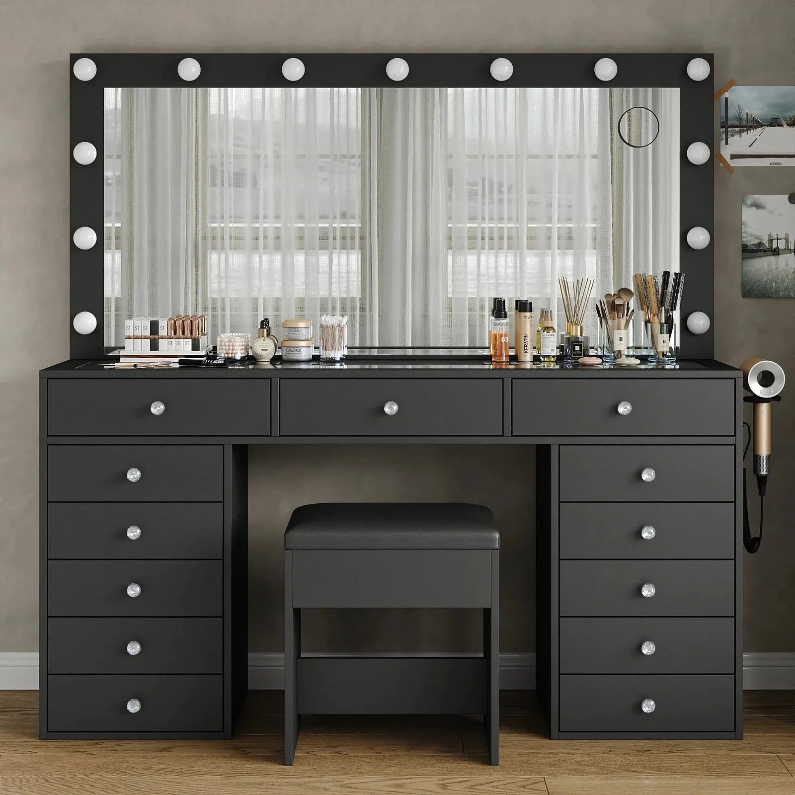 Vektaya US-VD016 Bedroom Makeup Vanity desk with LED Mirror, 13 Drawers