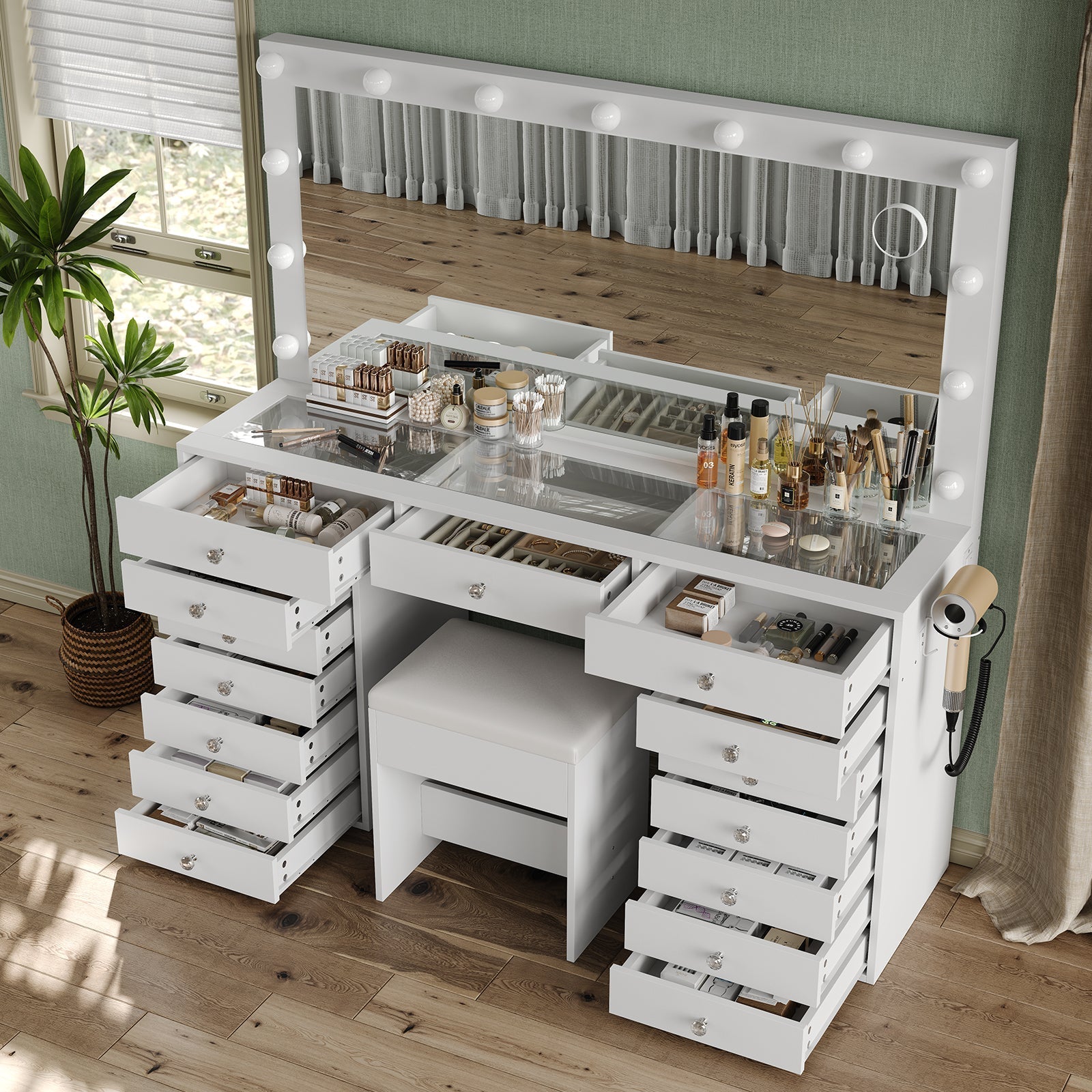 Vektaya US-VD017 Bedroom Makeup Vanity desk with LED Mirror, 15 Drawers