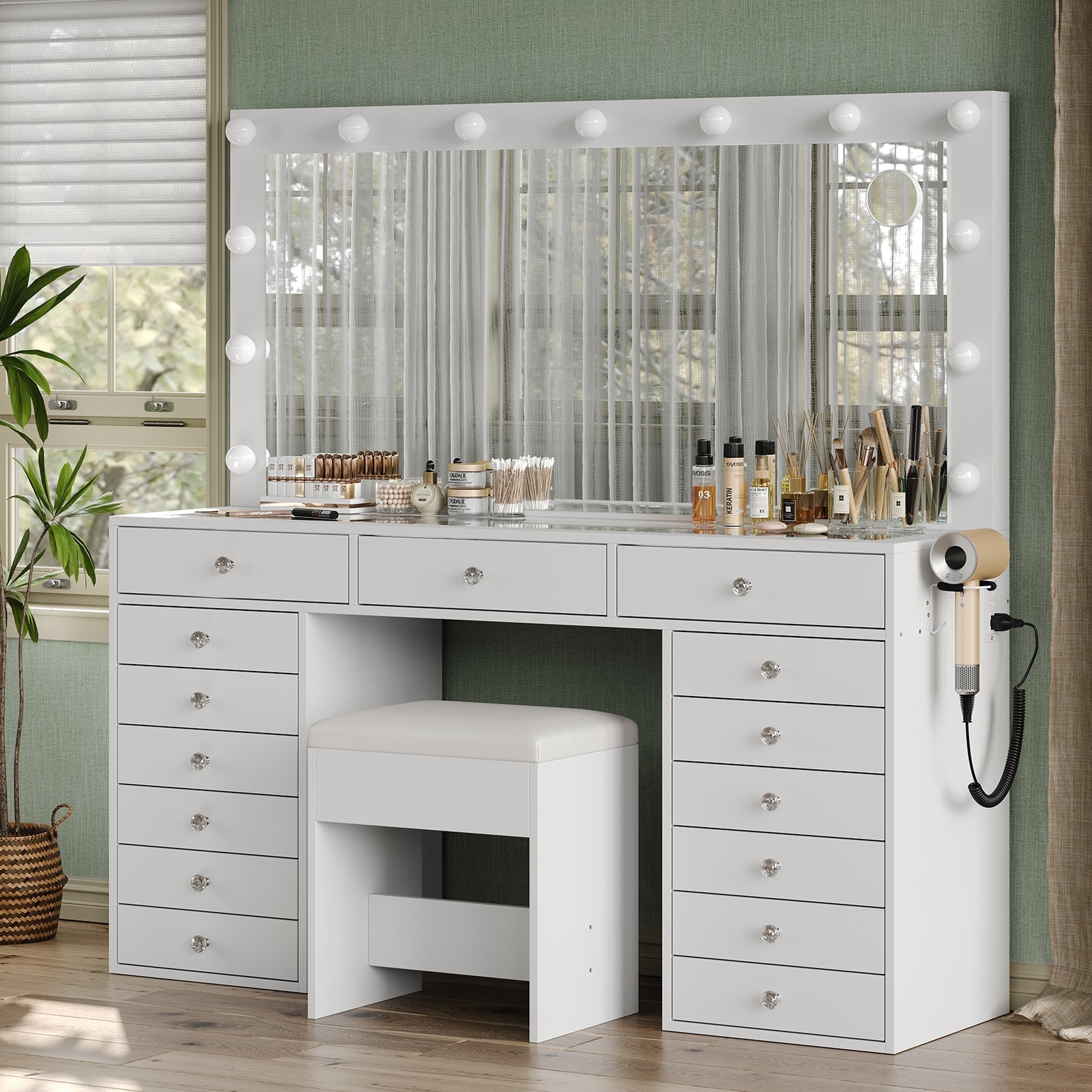 Vektaya US-VD017 Bedroom Makeup Vanity desk with LED Mirror, 15 Drawers