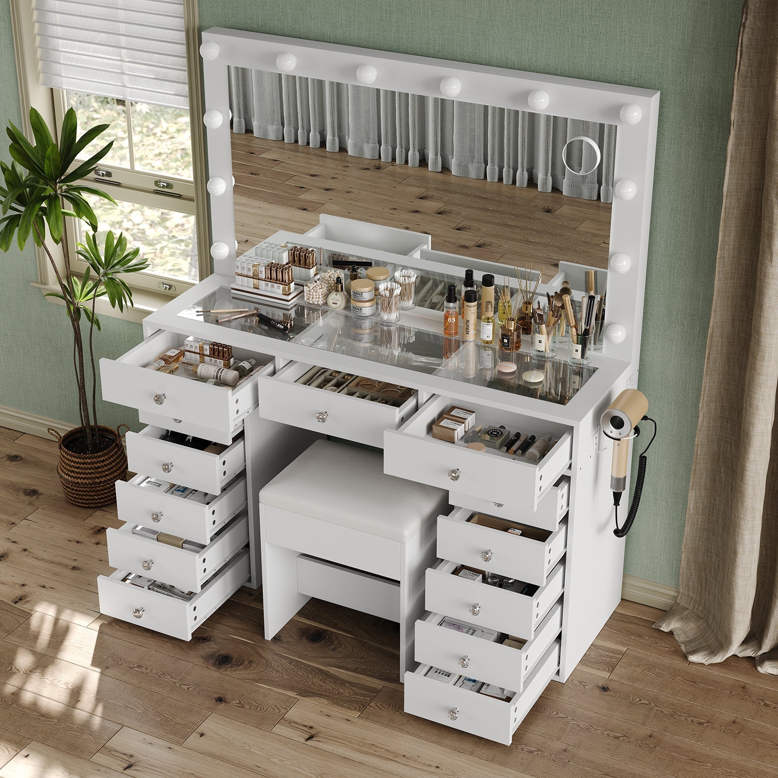 Vektaya US-VD018 Bedroom Makeup Vanity desk with LED Mirror, 13 Drawers