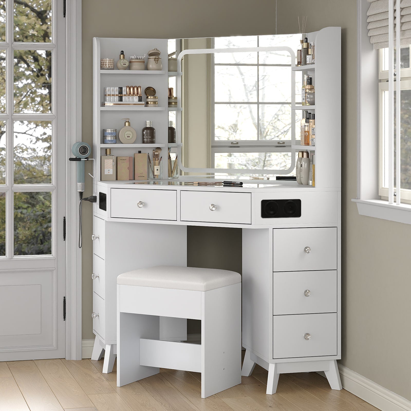 Yanosaku VD021 Corner Makeup Vanity, Mirror, Lights, Bluetooth, White