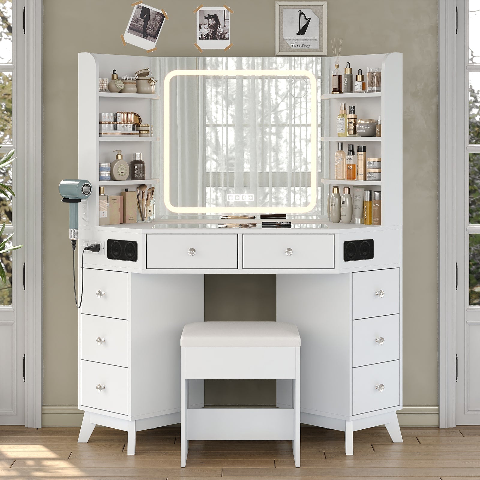 Yanosaku VD021 Corner Makeup Vanity, Mirror, Lights, Bluetooth, White