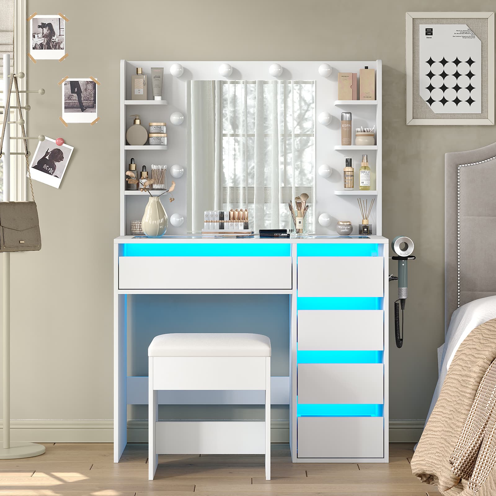 YanosakuVD025 Vanity Table with Mirror, 3 Lighting Modes, 5 Drawers & Glass Top